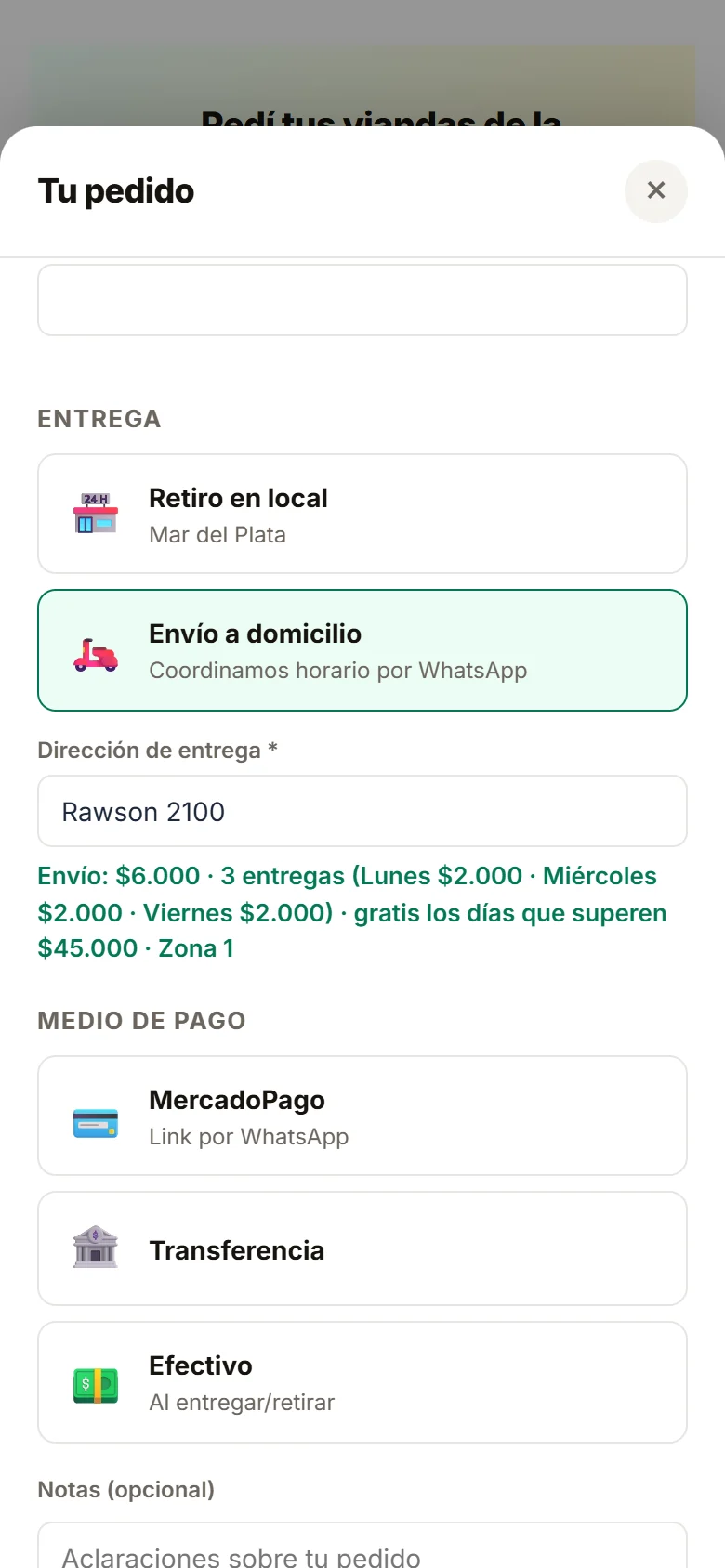 Carrito con envío a domicilio calculado por día de entrega