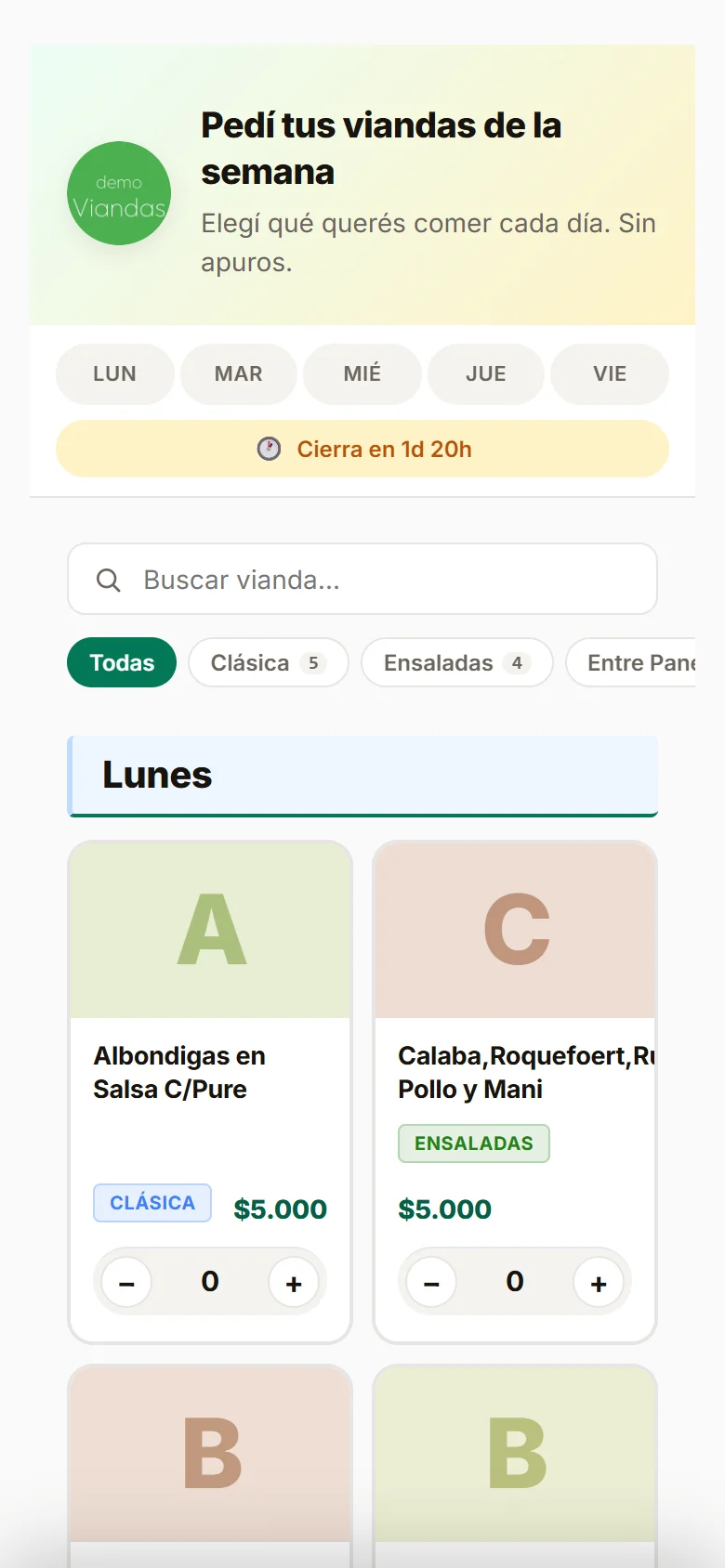 Tienda online con el menú del lunes y el cierre de pedidos