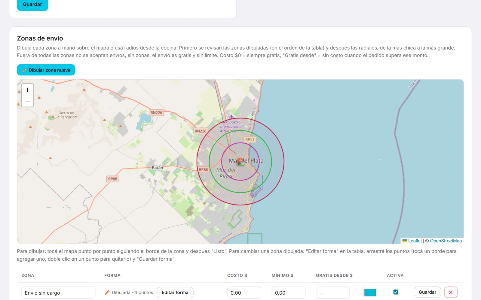 Configuración de zonas de envío con el mapa de Mar del Plata, zonas radiales y una zona dibujada a mano